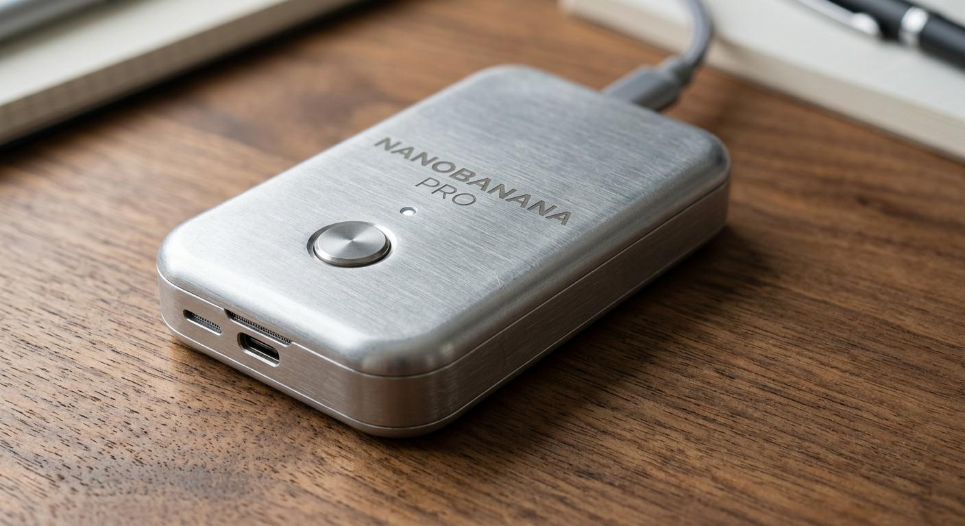 A photorealistic macro shot of the Nanobanana Pro metallic casing on a clean walnut desk, soft studio lighting highlighting the brushed aluminum texture and rounded corners, 8k resolution.