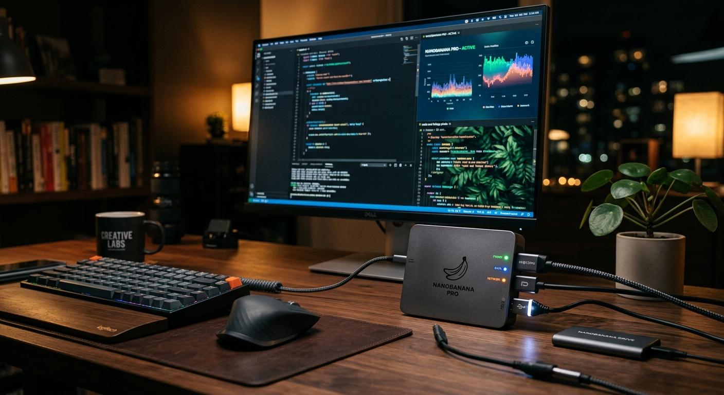 A professional digital workspace featuring the Nanobanana Pro device connected to a high resolution monitor, ambient cinematic lighting, shallow depth of field, sharp details on ports and status lights.