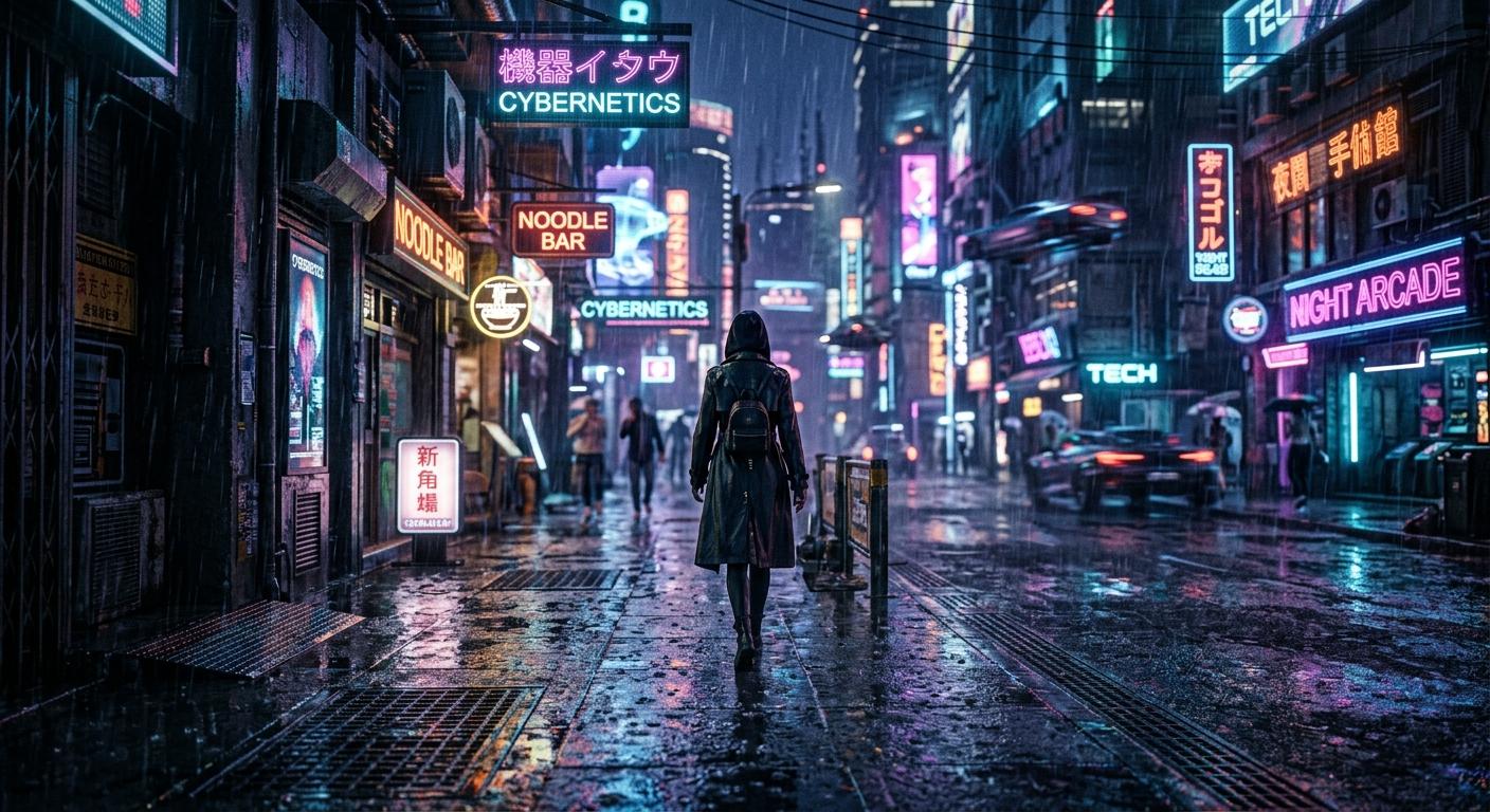 A hyper realistic, cinematic wide shot of a futuristic neon lit city street at night, captured on 35mm film with a shallow depth of field, sharp focus on a lone figure walking through rain, high dynamic range lighting, 8k resolution, professional color grading, intricate textures on the pavement and architecture.