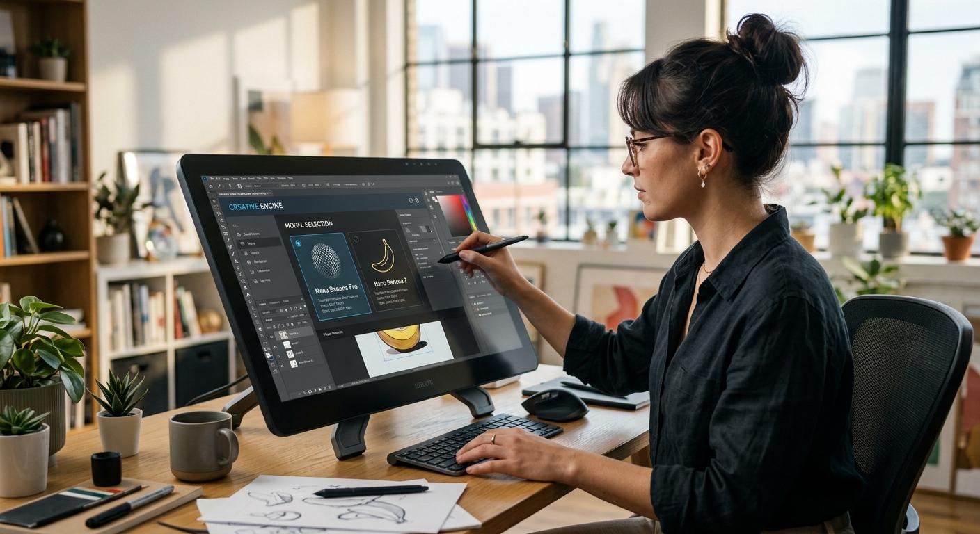 A professional graphic designer using a stylus on a digital tablet in a bright studio, screen showing a sophisticated interface with options for model selection between Nano Banana Pro and Nano Banana 2, cinematic lighting, shallow depth of field, 8k resolution.