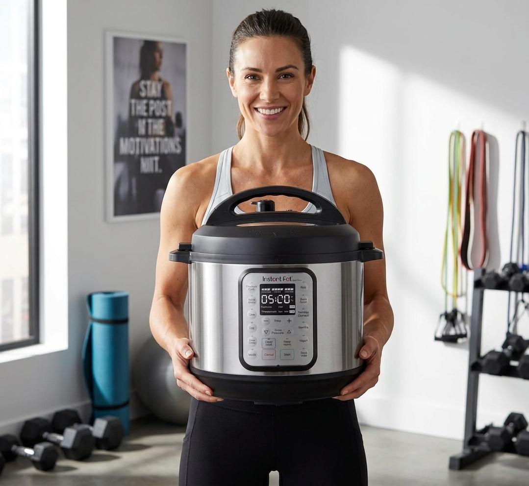 A fitness enthusiast in a minimalist home gym setting, pausing during a workout to present the provided product to the viewer, dynamic lighting capturing the movement, highly detailed environment, cinematic composition.