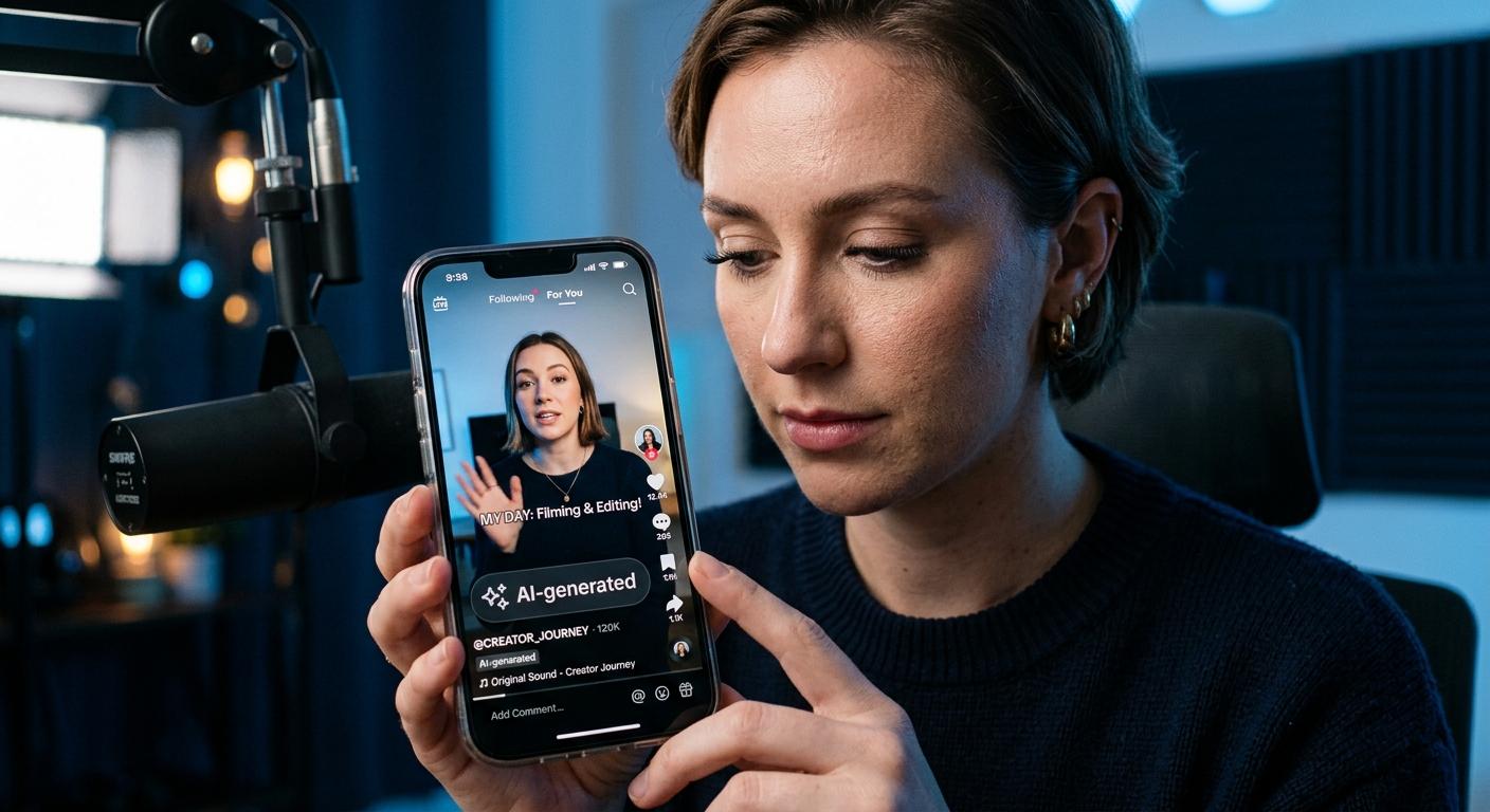 柔らかな自然光の中、真上から撮影されたスマートフォンの画面。画像の上部にAI生成ラベルが表示されたInstagramの投稿が写っている。