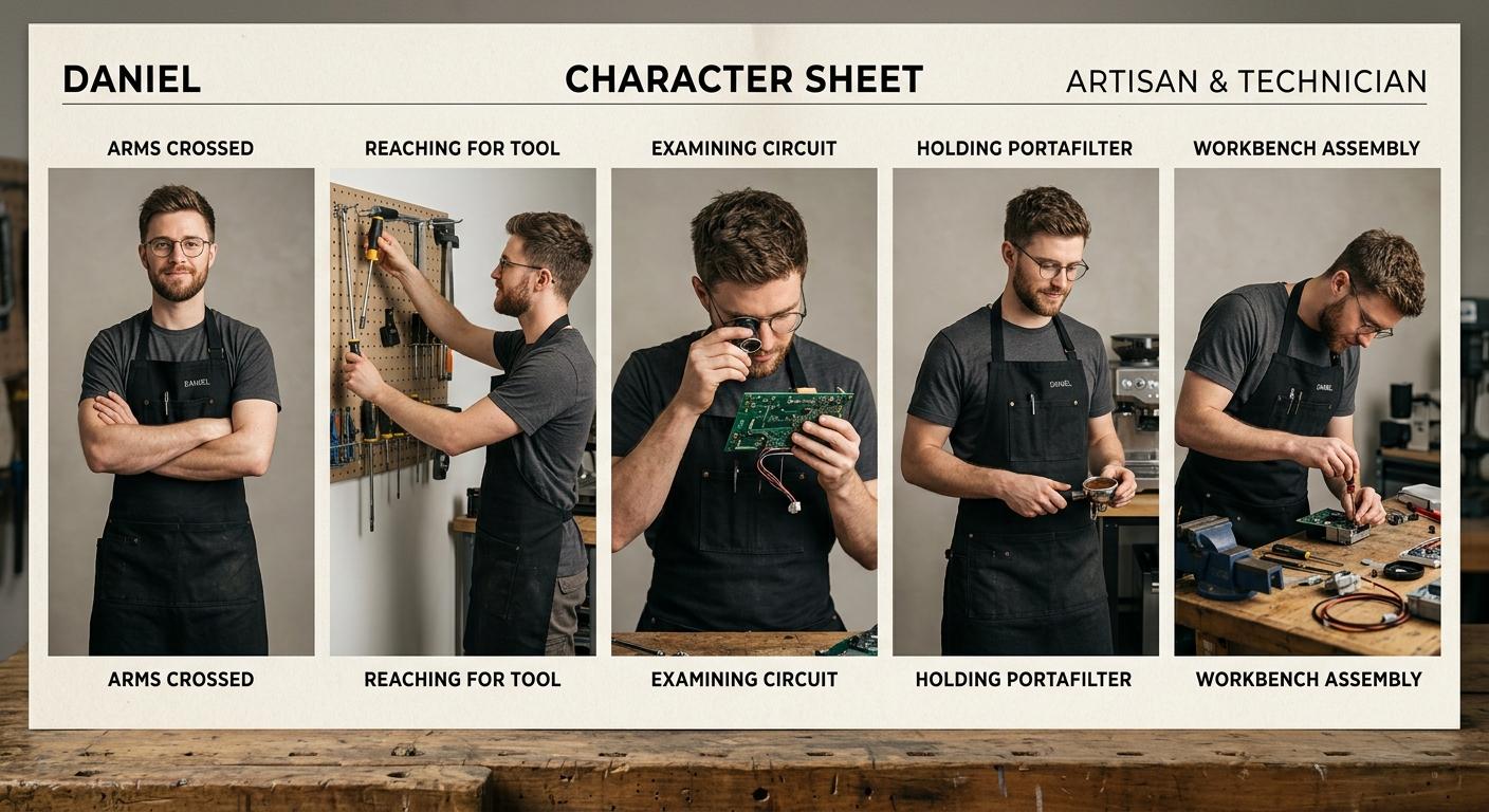 眼鏡をかけ黒いエプロンを身につけたエンジニア風の男性が、作業台で家庭用エスプレッソマシンのグループヘッドを分解して点検している様子。布の上に部品が並べられ、温かみのある照明が当たり、背景がぼかされている。