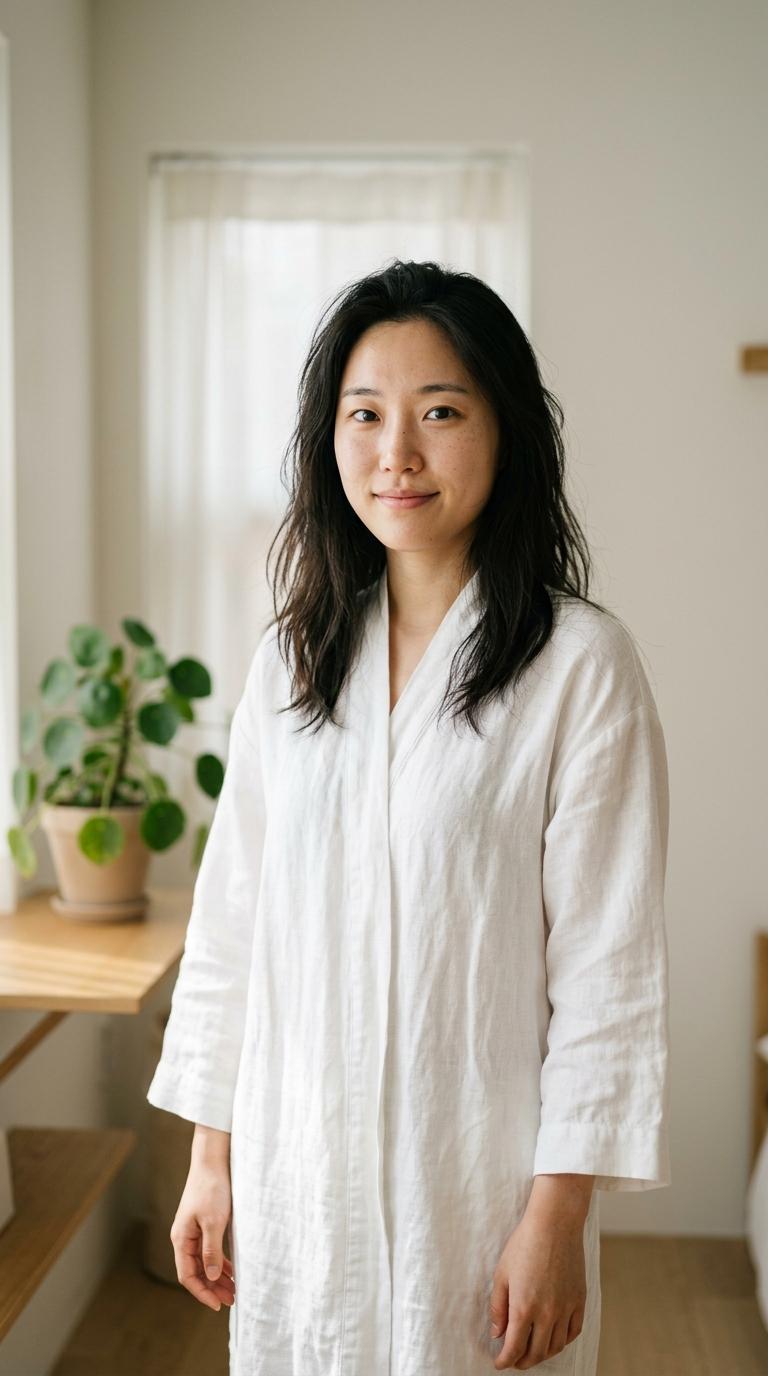 A young Korean woman with hair tied back in a white linen robe holds a labelled skincare bottle at chest height by a bright bathroom shelf with white subway tile, soft morning window light, natural composition