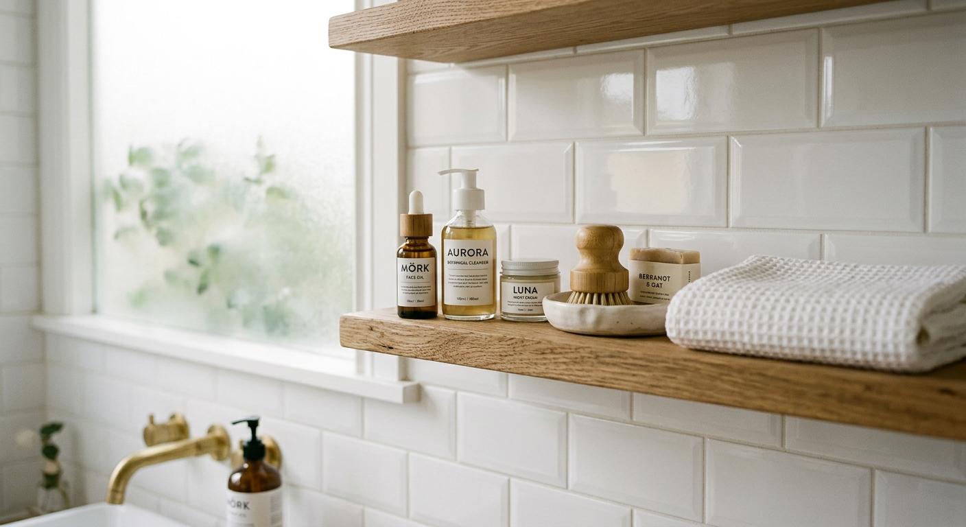 A flat lay of three Korean skincare bottles on a wooden tray with a small ceramic dish and a folded white towel, soft morning light, top down composition