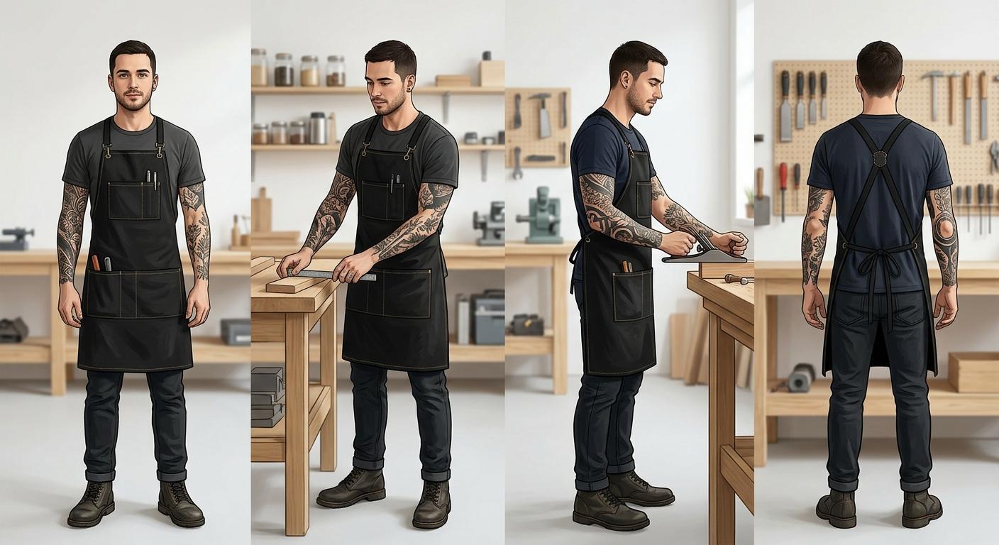 An alt-style late-twenties builder in a black apron leans over a workbench inspecting an assembled mechanical keyboard, soldering iron parked beside him, switch trays in frame, warm task light from above