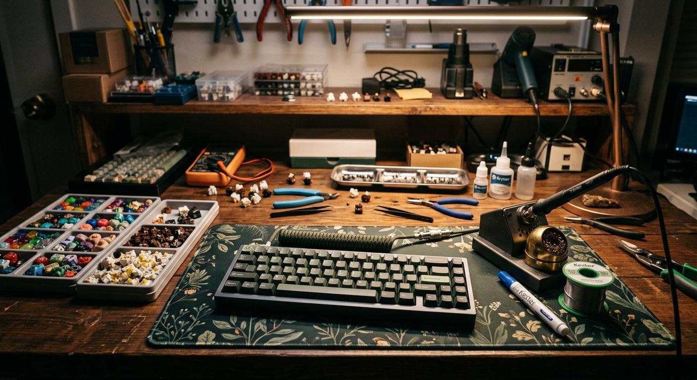 A close-up of a switch tray with two rows of mechanical keyboard switches and a tattooed hand reaching in to pick one up, warm task lighting, shallow depth of field