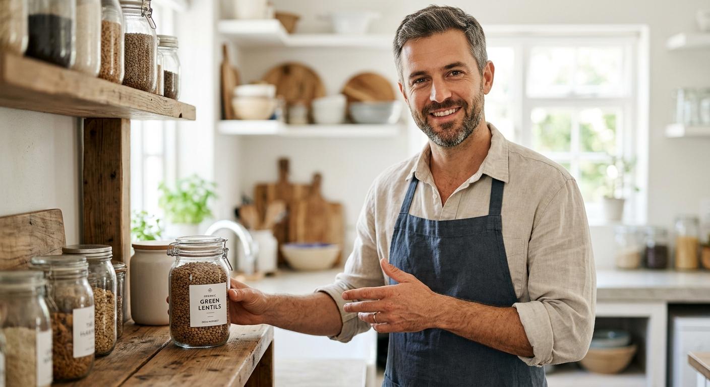 A warm mid-thirties man with rolled sleeves and a simple linen apron over a chambray shirt, calm neutral pose, even studio lighting, neutral background