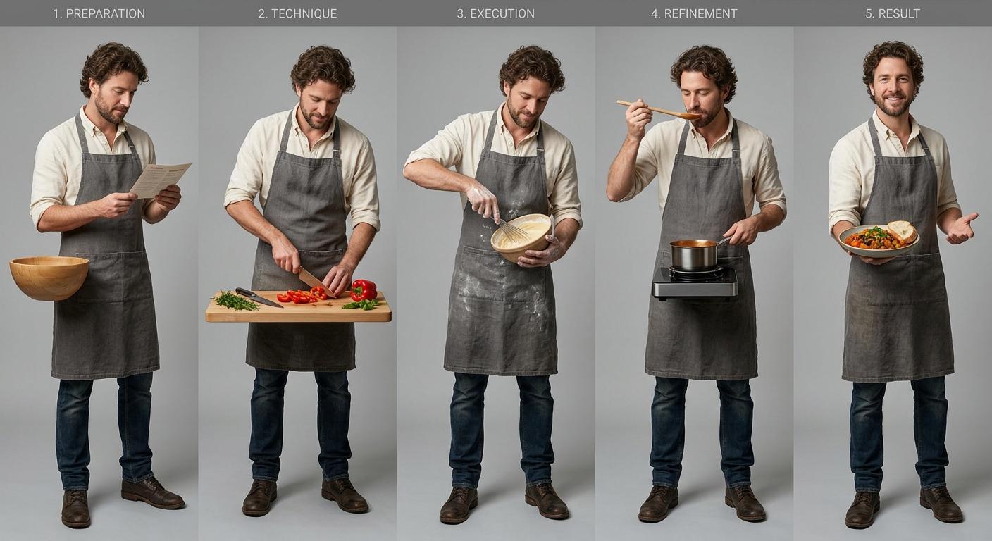 A warm mid-thirties cook in a linen apron stands at a sunlit butcher-block counter holding a labelled jar of miso, a wooden cutting board with prepped ingredients beside him, late morning window light