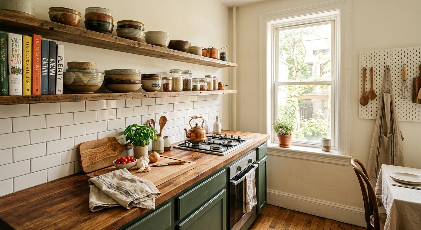 A finished plant-based grain bowl in a handmade ceramic bowl on a wooden table beside a labelled jar of chilli oil and a linen napkin, top down composition, natural light