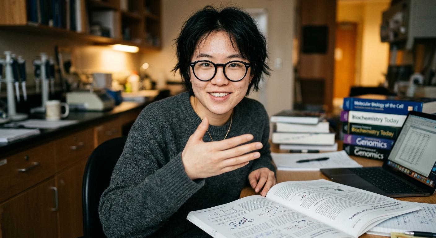 顎までの長さの黒髪で大きな眼鏡をかけた、オルタナティブファッションの若い東アジア人女性。グラフィックTシャツの上にオーバーサイズのカーディガンを羽織り、スタジオ照明の中で穏やかなポーズをとっている。