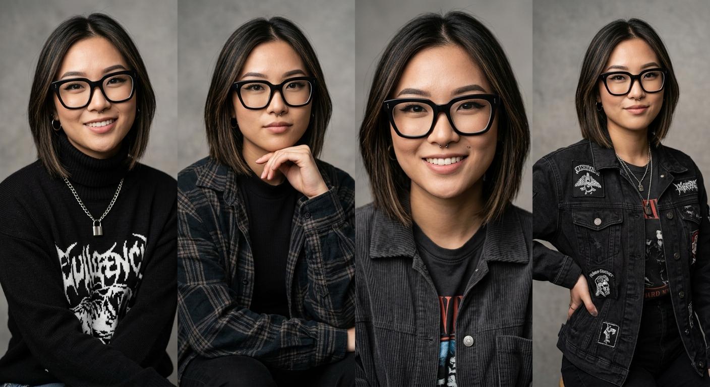 眼鏡をかけオーバーサイズのカーディガンを着た若い女性が、論文が置かれたデスクで研究書類を手に座っている。背後にはモニターがあり、柔らかな夕暮れ時の光が差し込むライフスタイル調の構図。