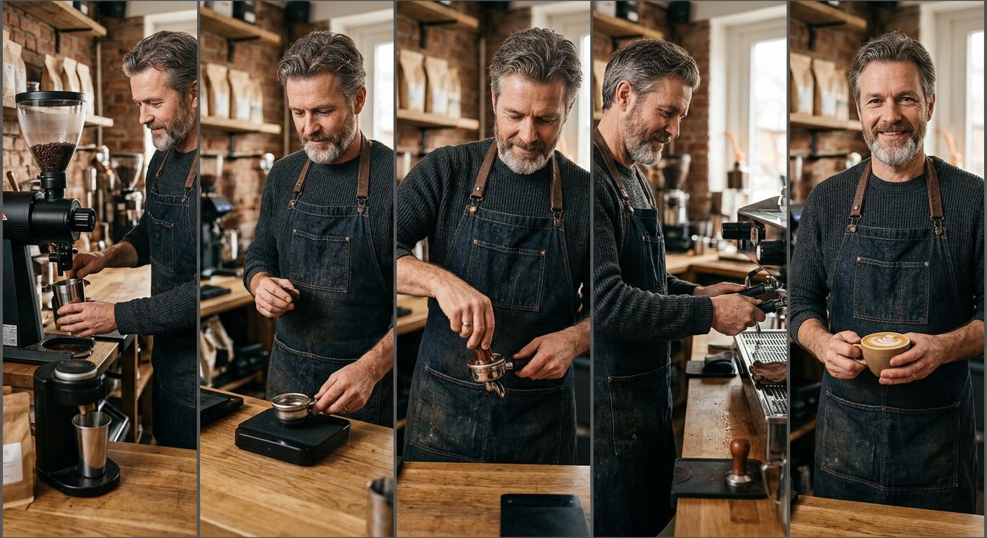 カフェの木製カウンター越しに、デニムのエプロンとチャコールグレーのヘンリーネック姿のバリスタが、シングルオリジンのコーヒー豆の袋をカメラに向けて持っている。暖かなペンダントライトの光の中、背後のエスプレッソマシンはソフトにぼかされている。