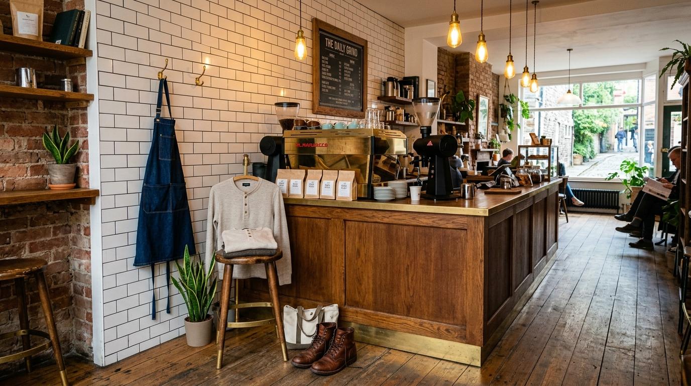 カフェのカウンターに置かれた木製トレイ。淹れたてのブラックコーヒー、小さな陶器のカッピングボウル、シングルオリジンのコーヒー豆の袋が並ぶ。暖かなペンダントライトの下で撮影した真上からの構図。
