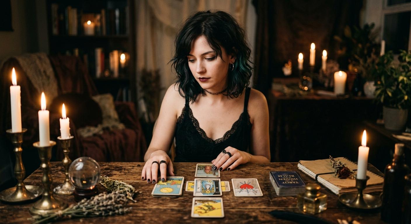 A soft goth woman in her twenties with chin length dark hair, a black lace top, simple silver pendant, calm contemplative pose, even moody lighting, neutral background