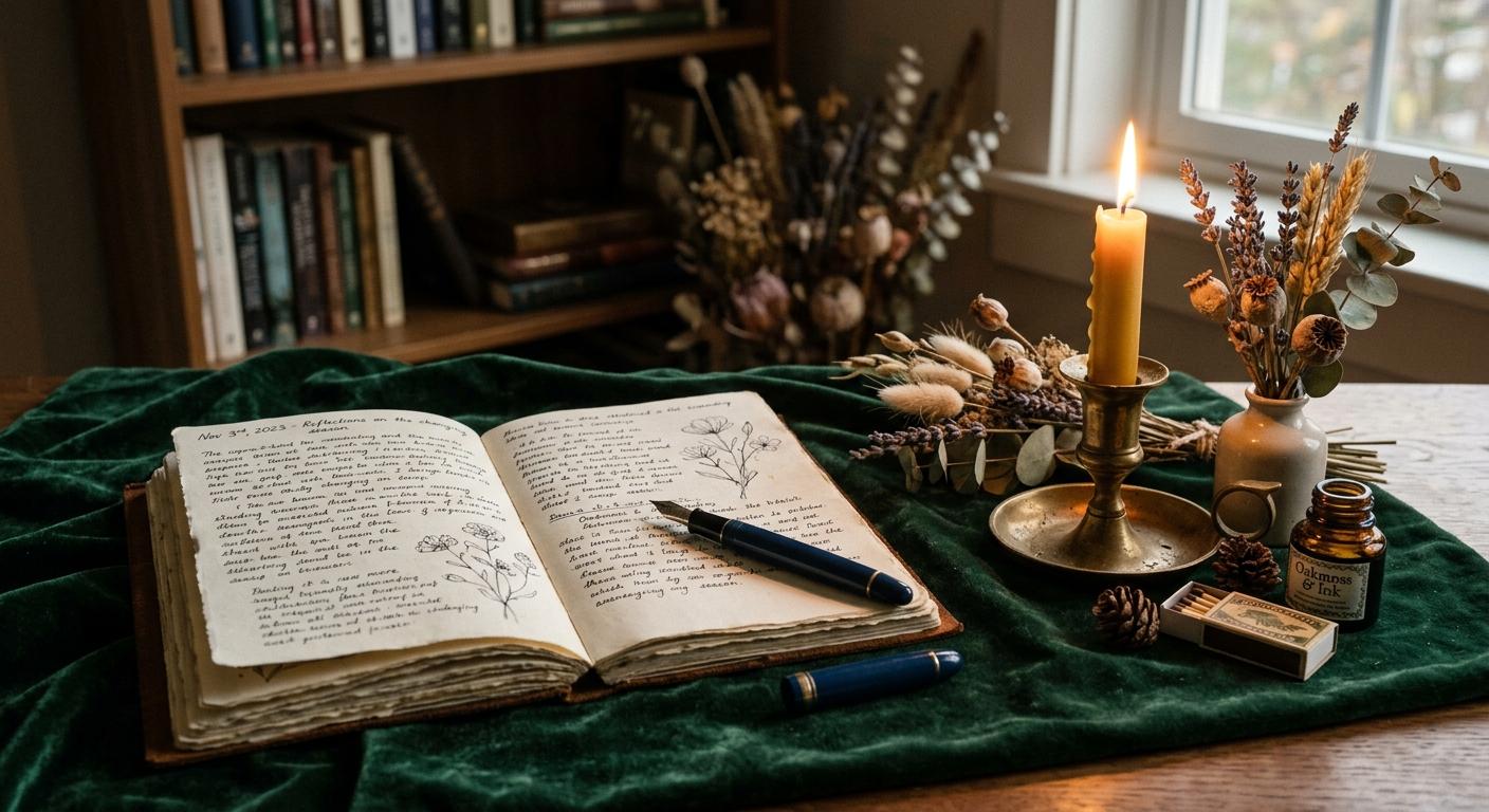 A soft goth woman in a black lace top writes in an open journal at a candlelit desk, beeswax candle and dried flowers softly in focus around her, low key warm light, eye level composition