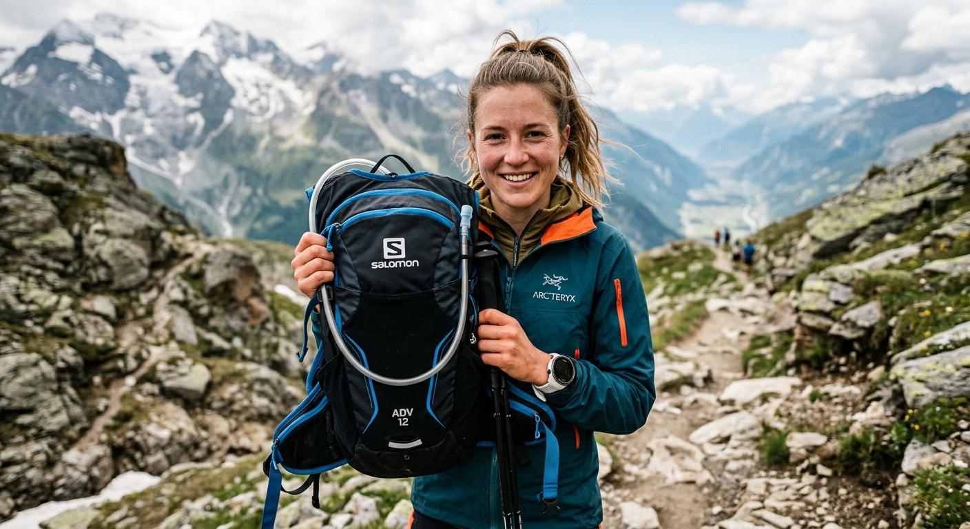 An athletic late-twenties woman with a ponytail in a technical running jacket over a base layer, neutral pose, even outdoor lighting, blurred mountain background