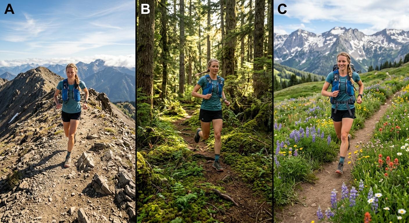 A wide alpine ridgeline with a small figure of a trail runner in a technical jacket in the middle distance, golden hour light, dramatic clouds, panoramic composition