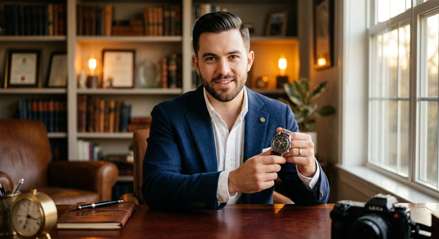 A sharp-dressed late-twenties man with a clean haircut in a charcoal wool blazer over a white oxford shirt and knit tie, neutral pose, even studio lighting