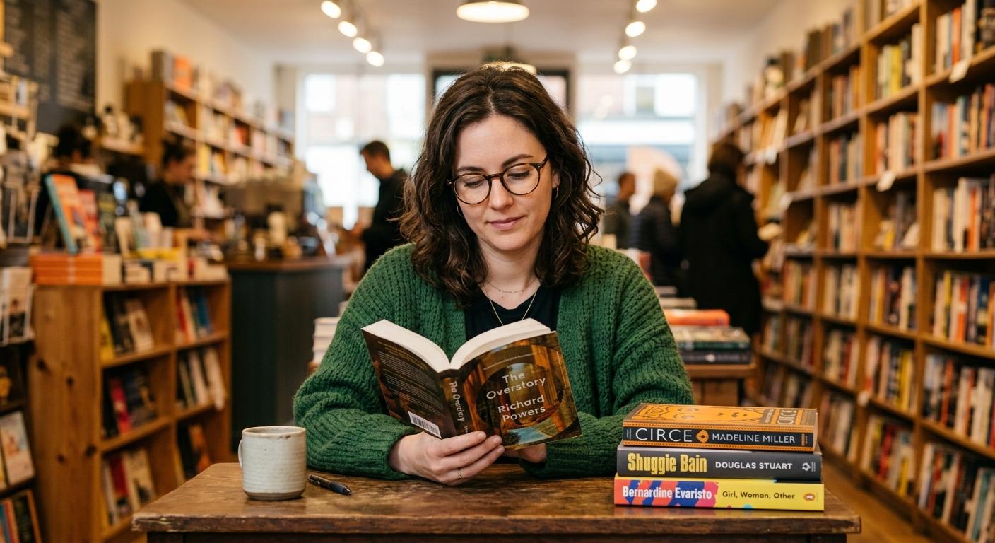 クリーム色の厚手ニットカーディガンを着て、読書用眼鏡を頭に乗せた30代前半の穏やかな表情の女性。スタジオの柔らかな照明による自然なポーズで、背景はニュートラルな色合い。