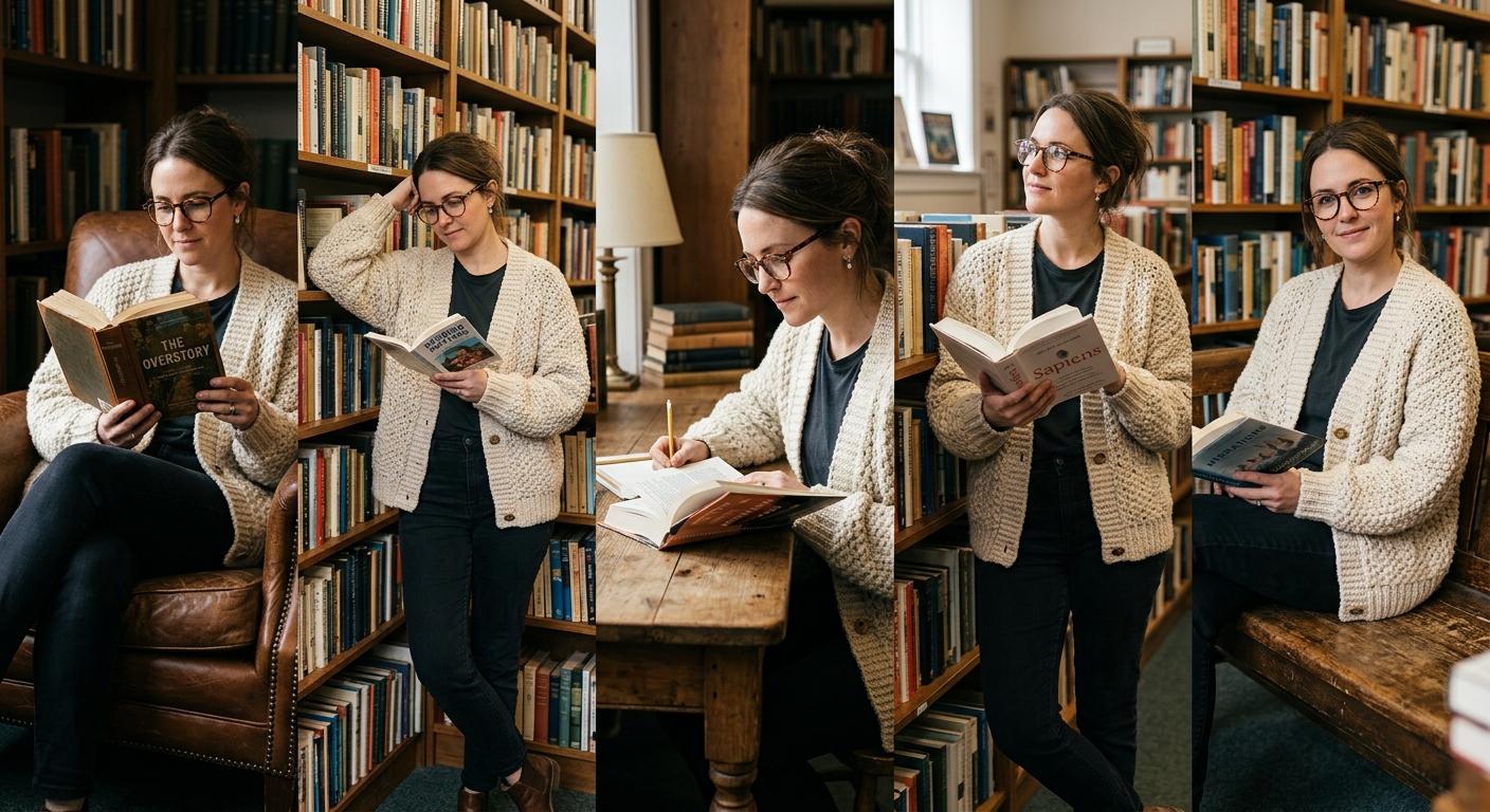 独立系書店の木製本棚を背景に、クリーム色のカーディガンと読書用眼鏡を身につけた若い女性が、文学小説の表紙をこちらに向けて持っている。窓から差し込む午後の柔らかい光に照らされ、背景の本棚はぼかされている。