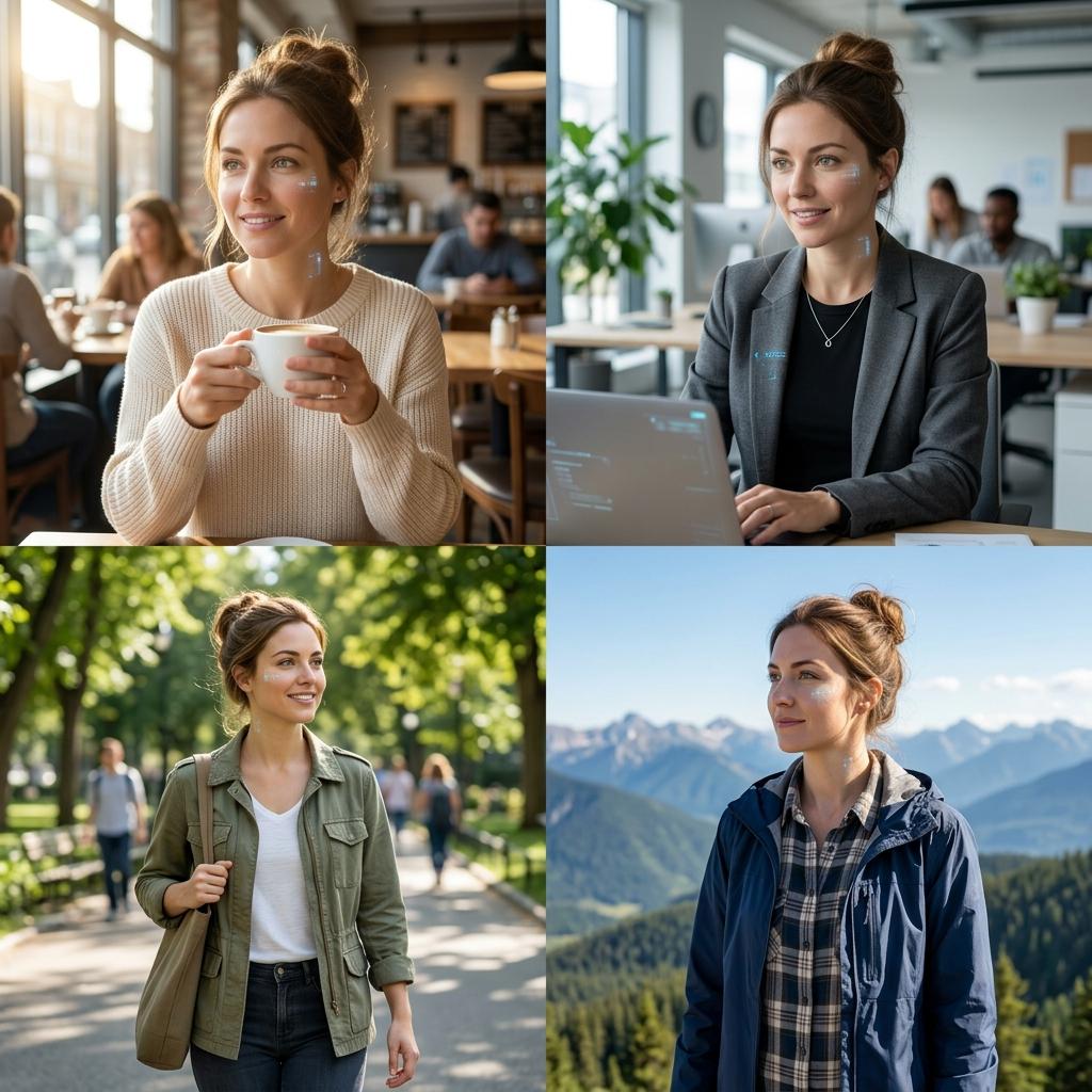 A grid of nine consistent portrait images of the same AI character in different scenes, all sharing one palette and one recurring framing, displayed on a laptop screen