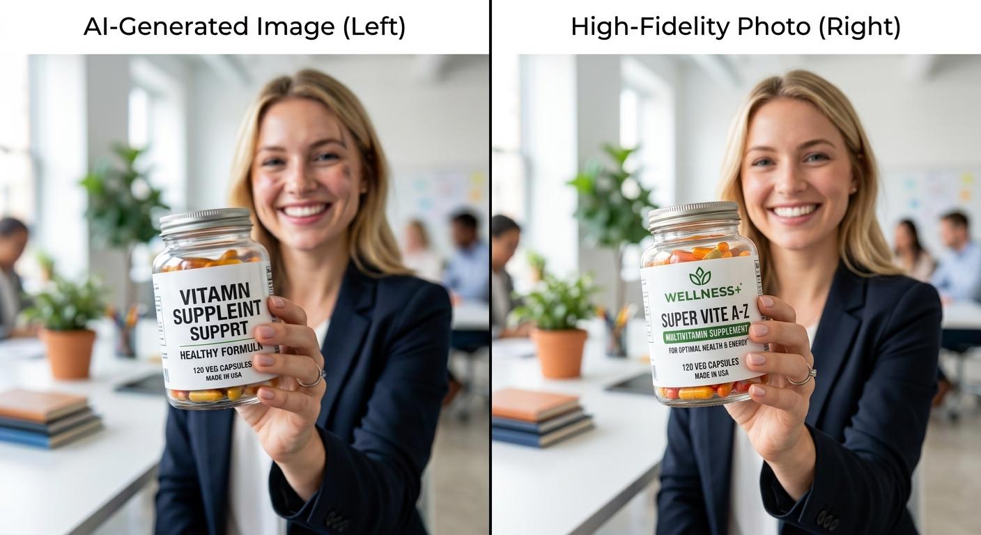 A young woman in a sunlit kitchen holds a small skincare bottle naturally toward the camera, soft morning side-light, shallow depth of field, the label sharply legible