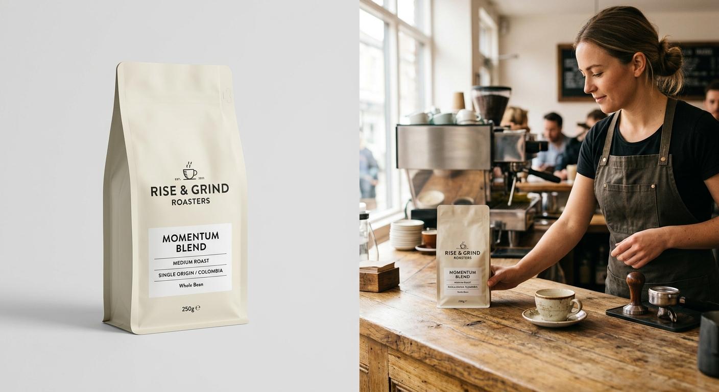 A casually dressed creator at a wooden desk arranges a small product next to a notebook and a steaming coffee cup, warm afternoon light, lifestyle composition with the product label clearly readable