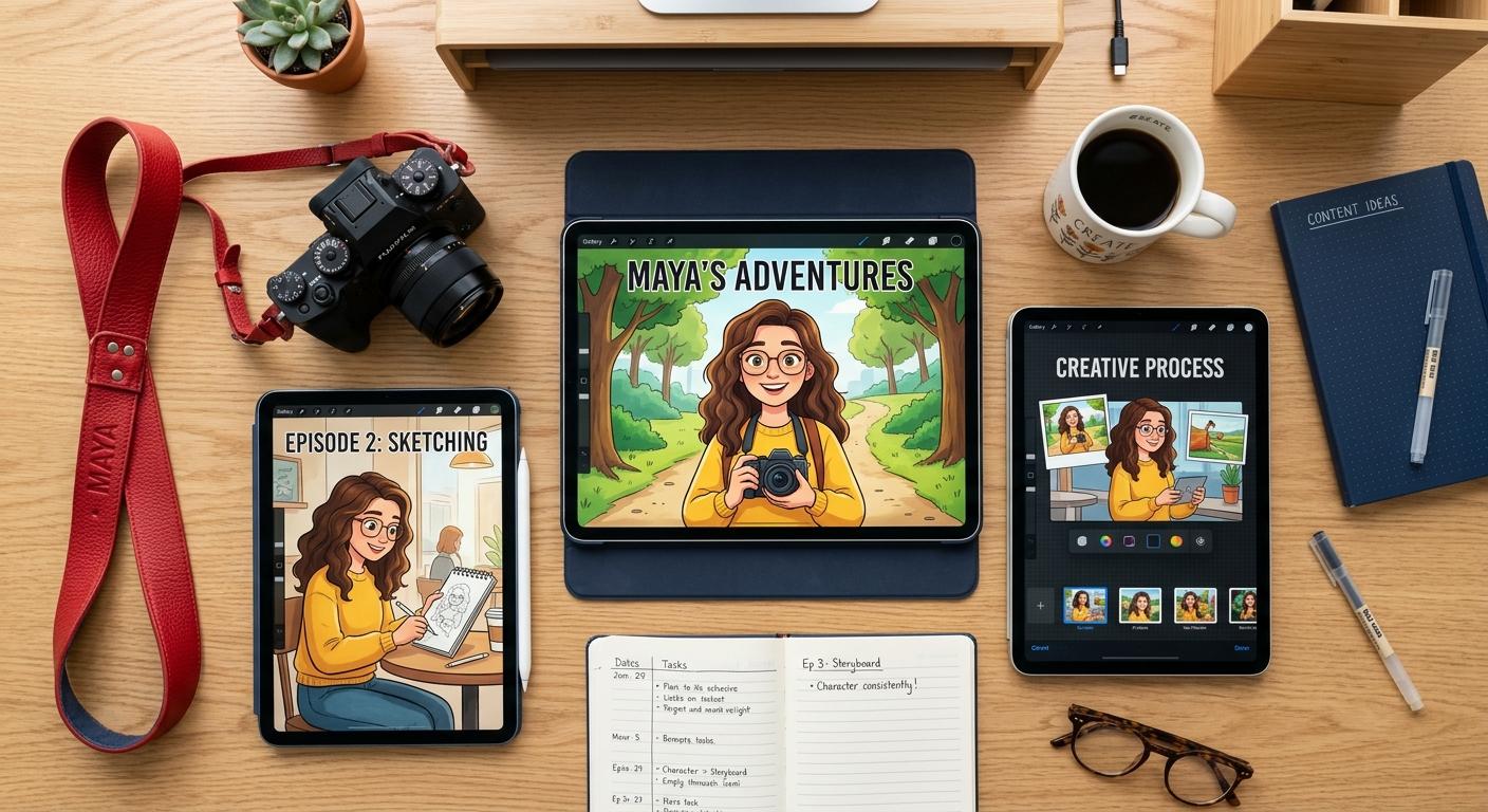 A grid of nine consistent lifestyle posts of the same AI character in different scenes, displayed on a phone screen held in a hand, soft natural light