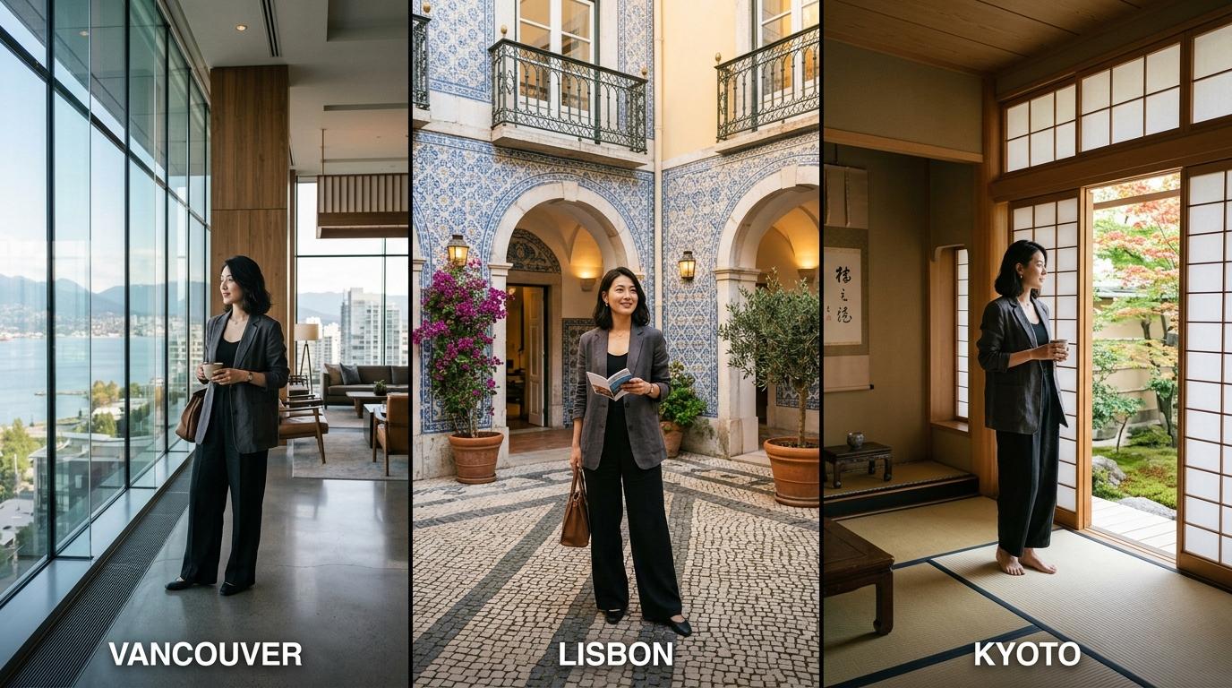 A close up of a phone screen showing four hotel posts of the same AI character at four different real properties in different cities, soft natural light, lifestyle composition