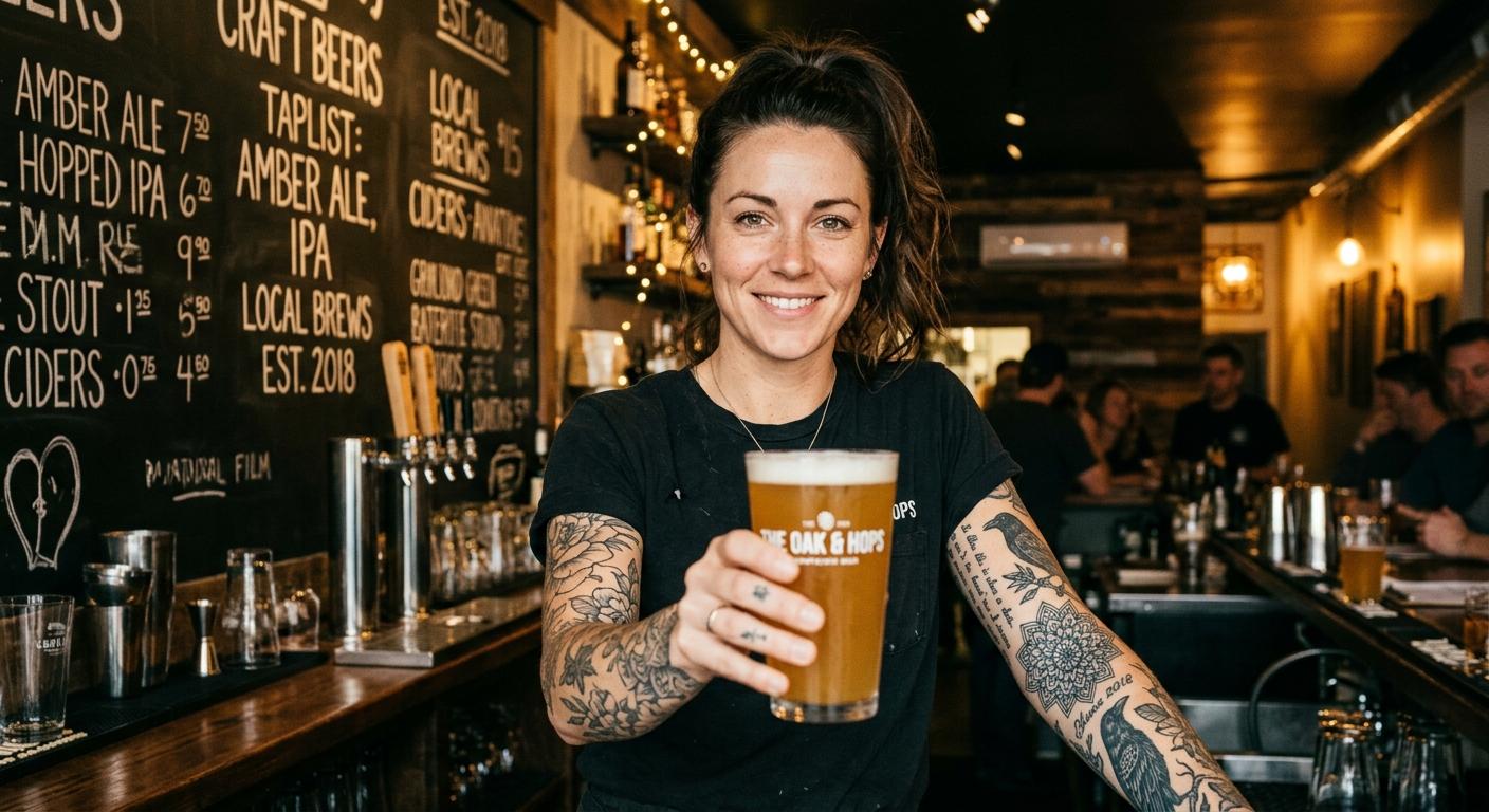 木製のカウンターに並んだ3種類のクラフトビールのグラス。背景にはチョークボードのメニューがあり、エジソンランプの温かな光に照らされた俯瞰のライフスタイルシーン。
