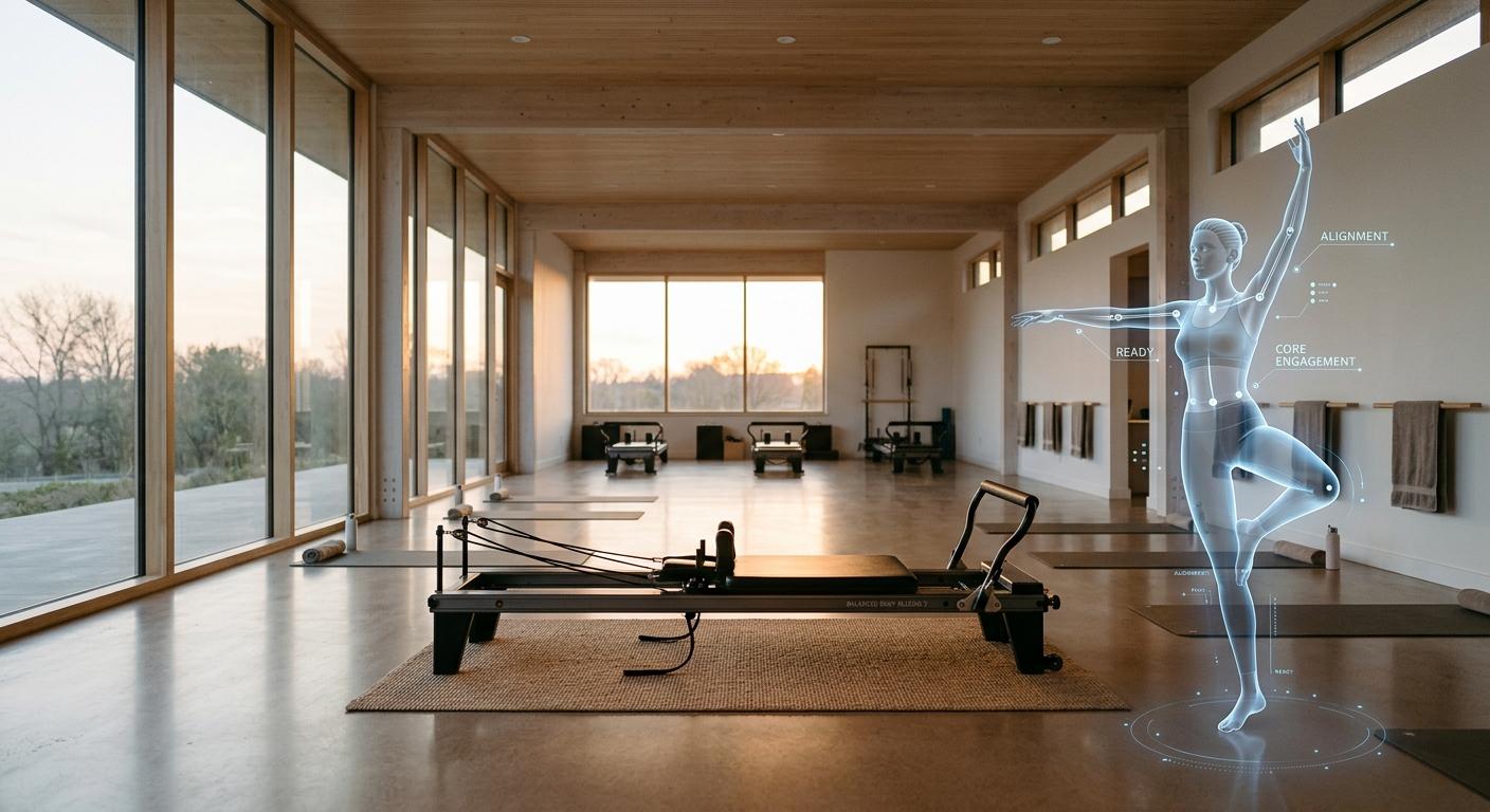 A late-thirties woman in a clean grey activewear set with calm posture in a bright reformer Pilates studio, soft morning light through tall windows, neutral pose