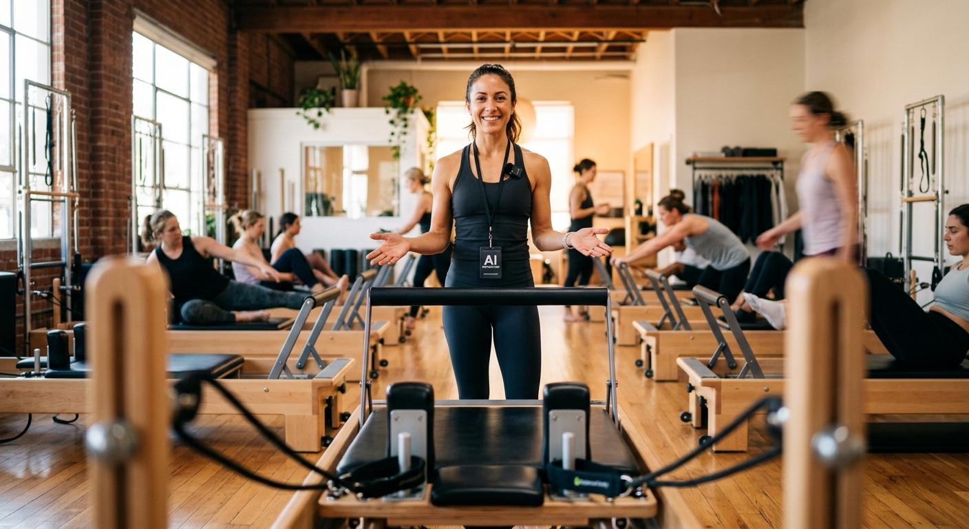 A close up of a reformer Pilates carriage with springs and a single grip handle in a sunlit studio, pale oak floor, soft morning light, shallow depth of field