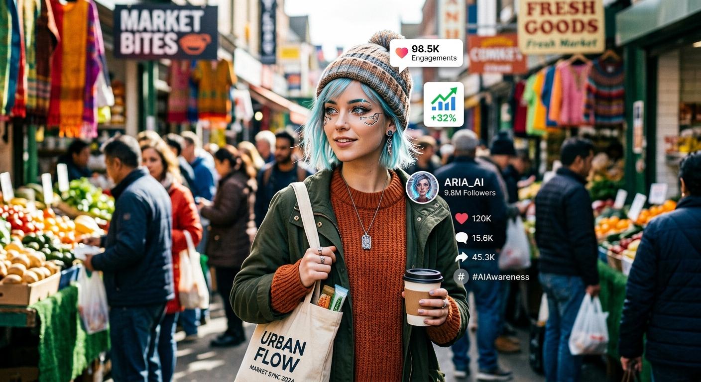 スマートフォン画面に表示された、様々な店舗風景の中に溶け込むAIキャラクターのSNS投稿9件のグリッド表示。柔らかな自然光に照らされている。