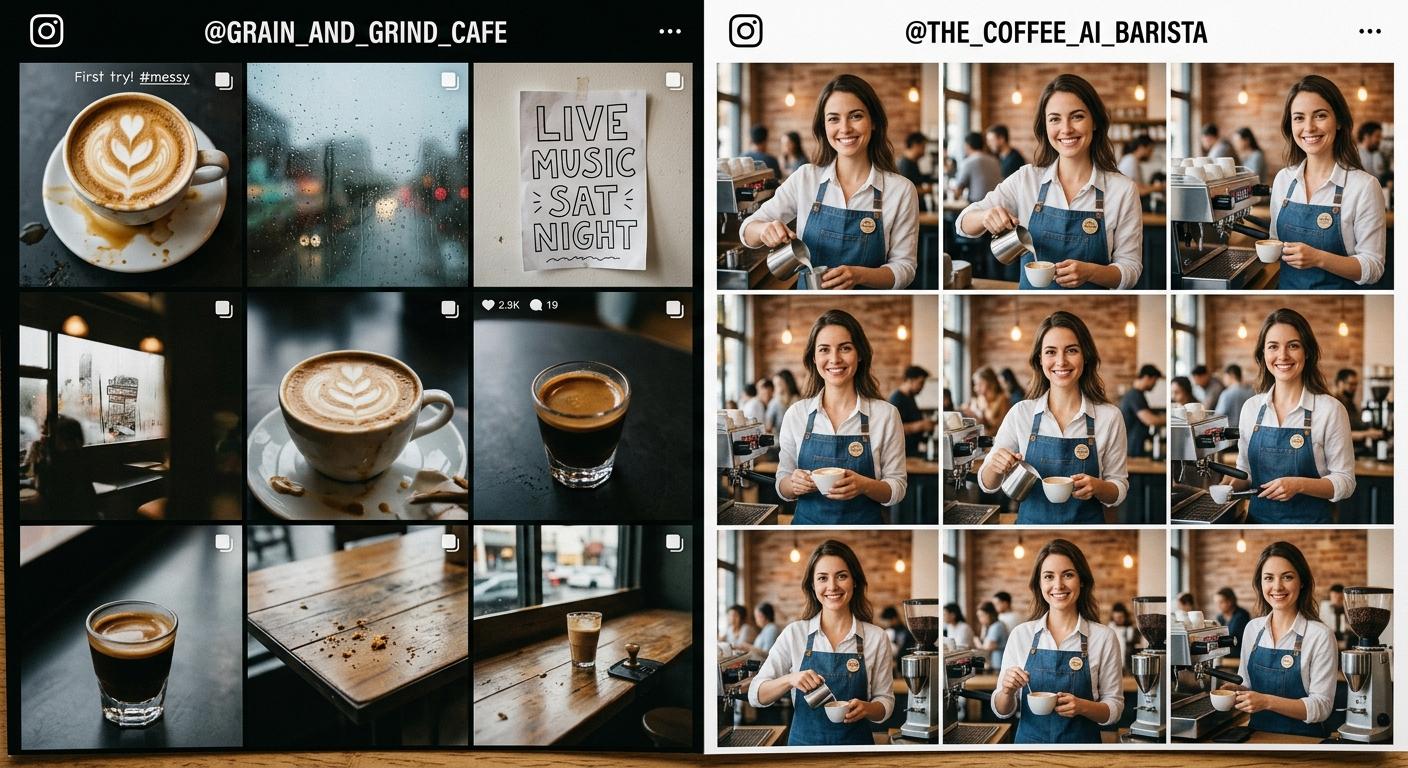 A late-twenties barista with a calm smile in a chambray apron behind the timber bar of a specialty cafe at golden hour, warm pendant lighting, neutral pose