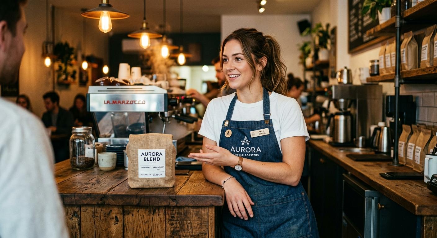 A pair of tattooed hands pours steamed milk into an espresso cup at a timber cafe counter, warm pendant light, espresso machine softly out of focus behind, shallow depth of field