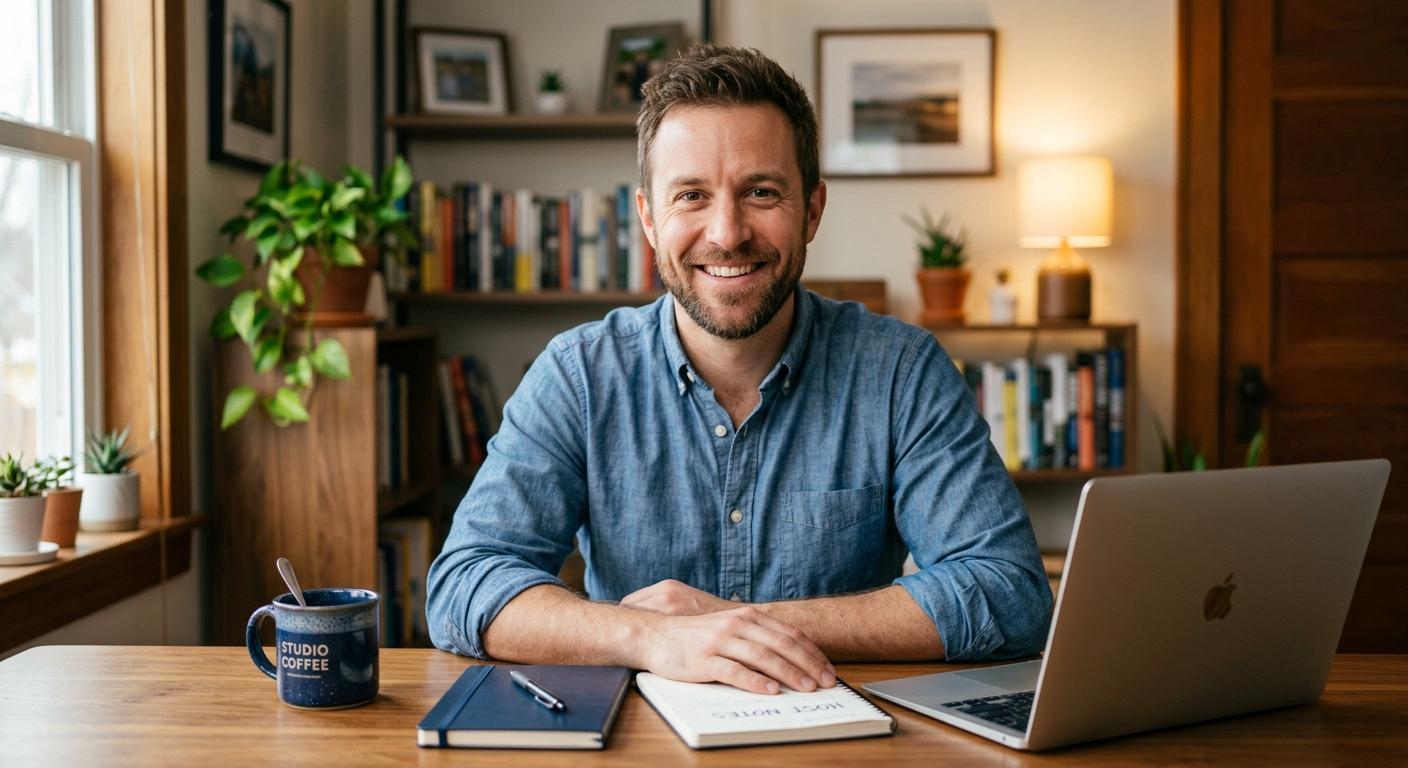 A small home office with a tidy desk, a houseplant, a framed photo, soft afternoon light through a window, lifestyle composition