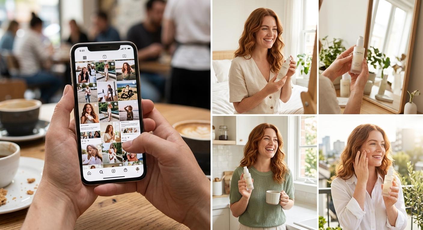 A confident woman in a soft-toned studio setting smiles toward the camera while holding a small product, natural window light from the left, shallow depth of field, editorial framing