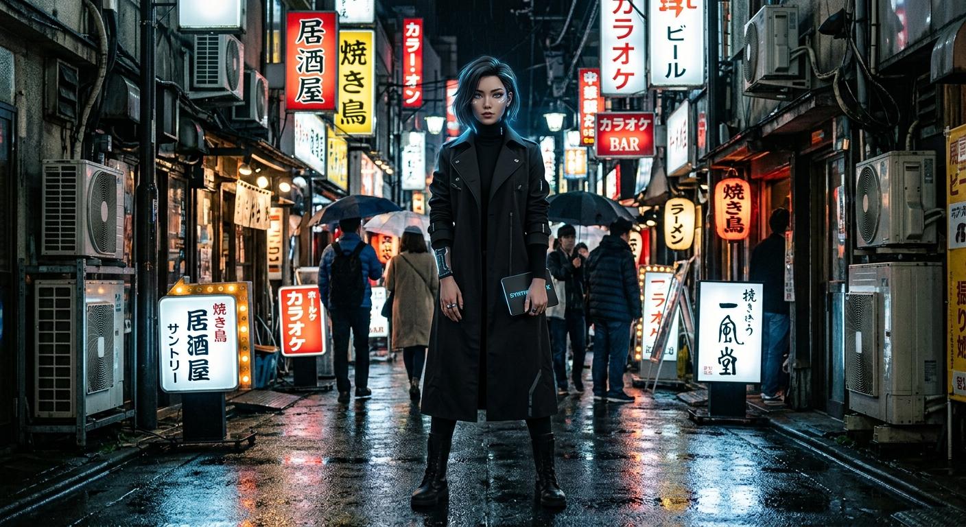A recurring AI character in brand-coded clothing standing on a real urban street in Tokyo with shopfronts and Japanese signage softly in the background, soft afternoon light, lifestyle composition
