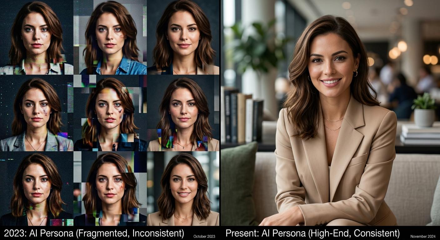 A creator at a desk reviewing a contact sheet of AI generated character images with notes and crossed out images, soft afternoon light, lifestyle composition